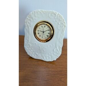 Lenox Ivory China Desk Clock Embossed Scroll Gold Tone Trim Quartz Vintage 1991